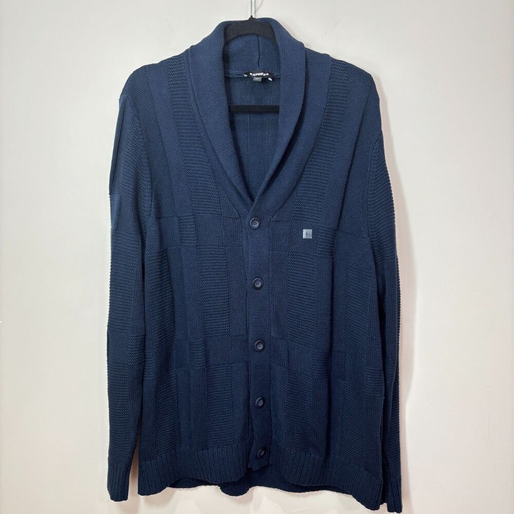 Express NEW Mens Shawl Collar Cardigan L Navy Blue Chunky Academia Grandpa